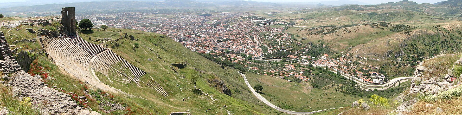 The hilltop acropolis of Pergamon overlooking modern Bergama, Turkey.
