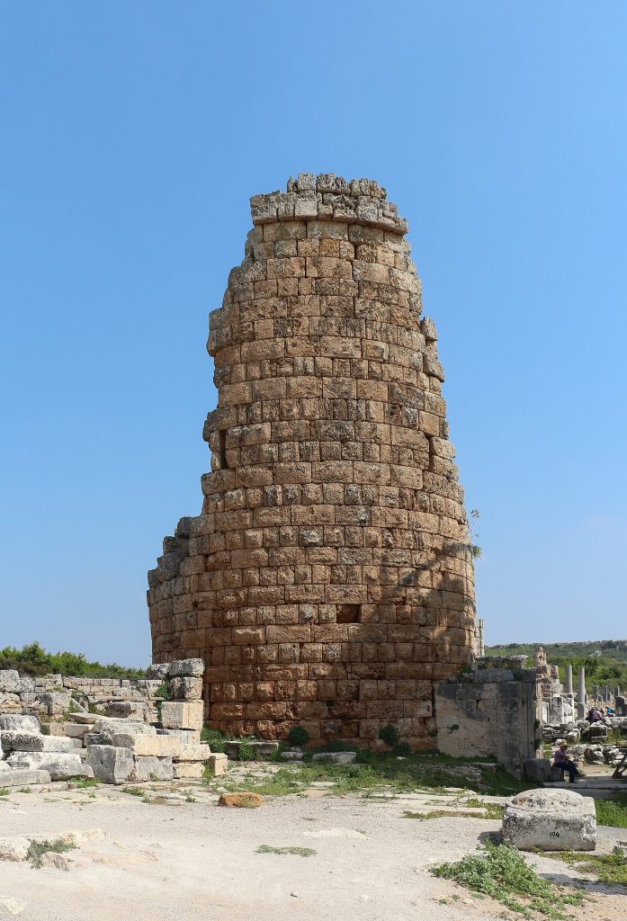 The round towers of the Hellenistic gate of ancient Perge in southern Turkey.