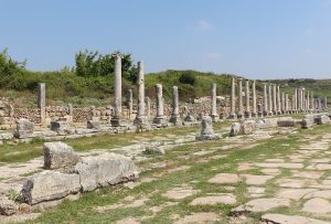 The long colonnaded main street of Perge, with its central water channel.