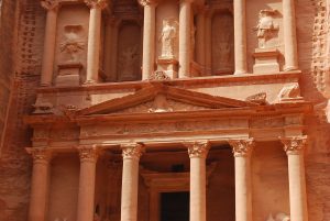 A closer view of the elaborately carved facade of Petra's Treasury.