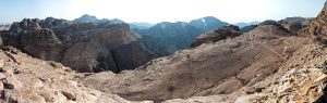 The rugged mountain landscape of Petra, hidden among the desert cliffs of southern Jordan.