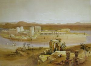 The island of Philae and its temples set amid the waters of the Nile.