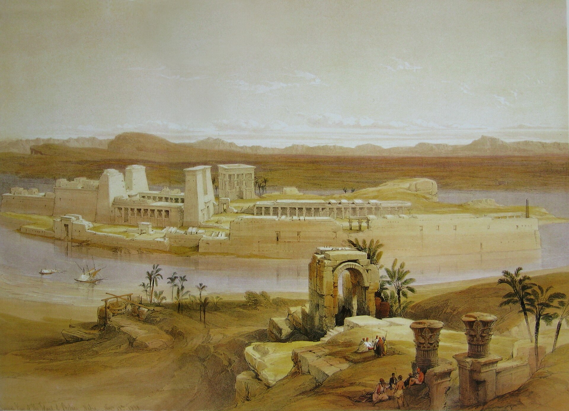 The island of Philae and its temples set amid the waters of the Nile.
