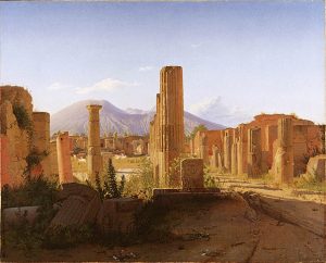The forum of Pompeii with Mount Vesuvius, the volcano that destroyed the city, behind it.
