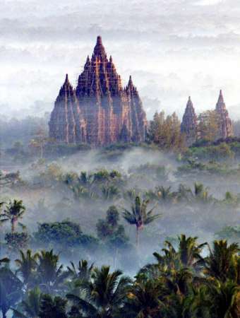The Prambanan temple compound, with its cluster of tall spires.