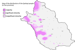 A map of the Qashqai people, concentrated in the province of Fars.