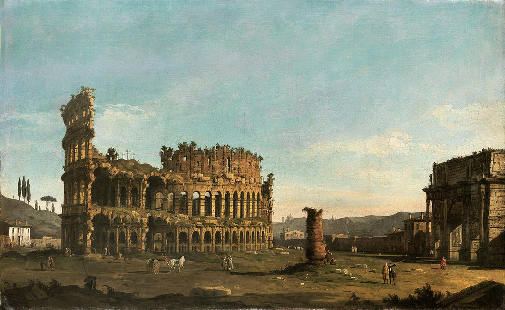 The Arch of Constantine standing beside the Colosseum in Rome.