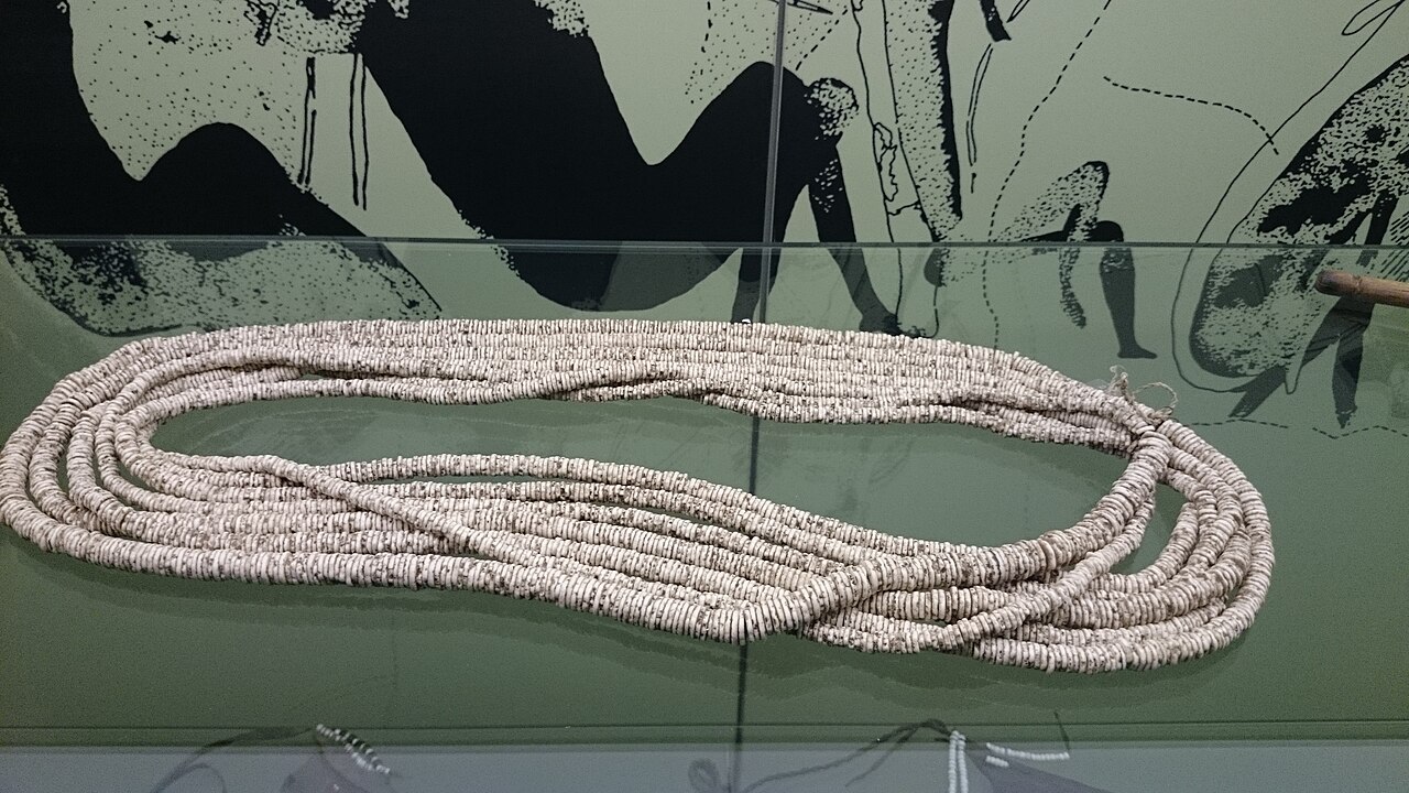 A necklace of ostrich-eggshell beads, a classic San craft.