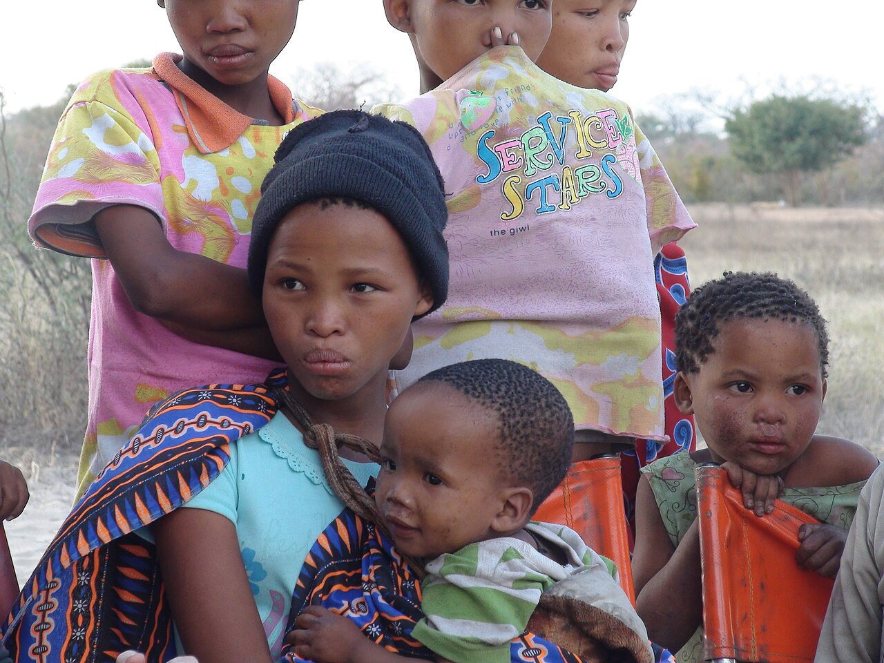 San girls in Namibia; the people speak Khoisan click languages.