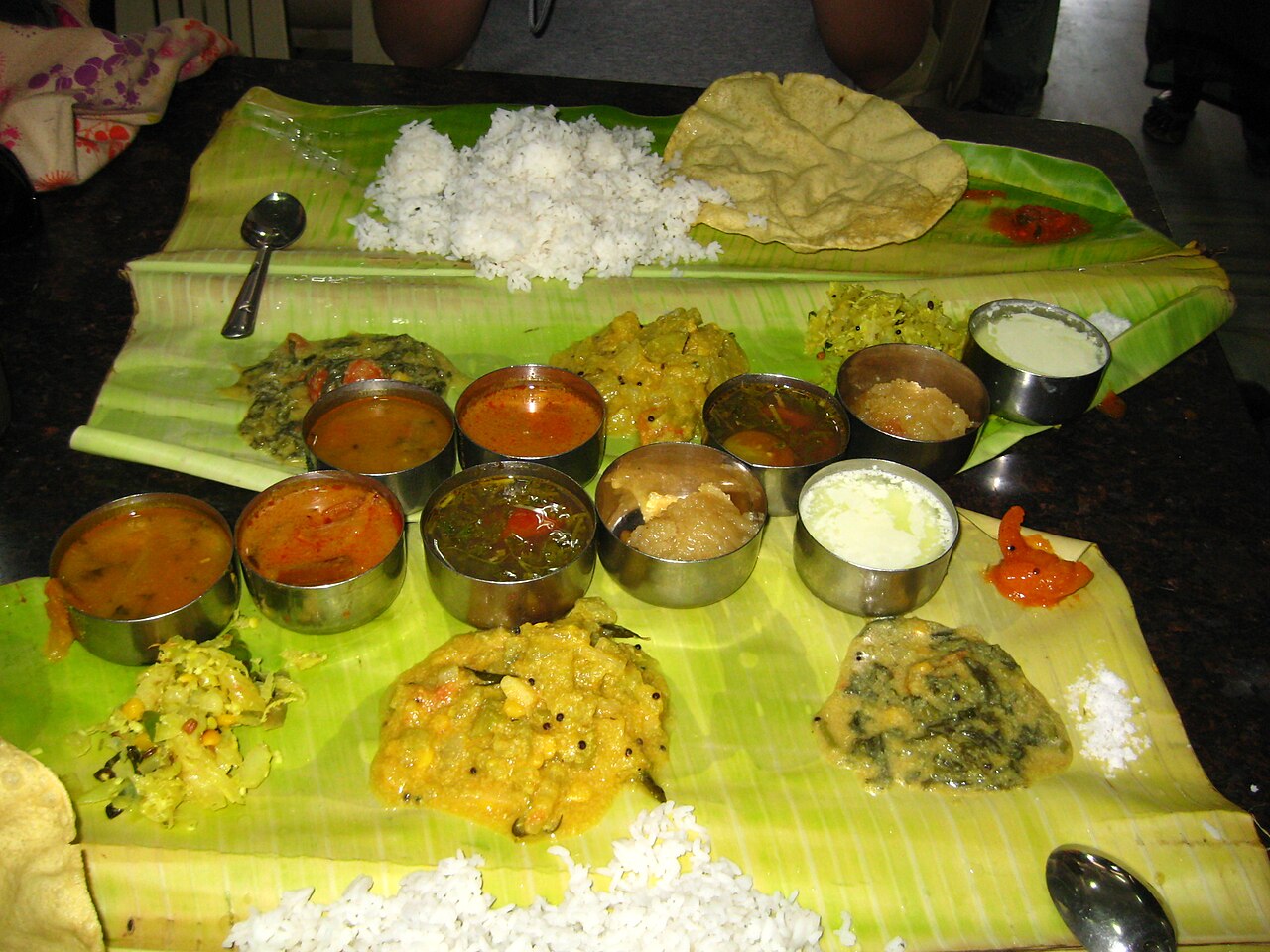 A South Indian thali served on a banana leaf