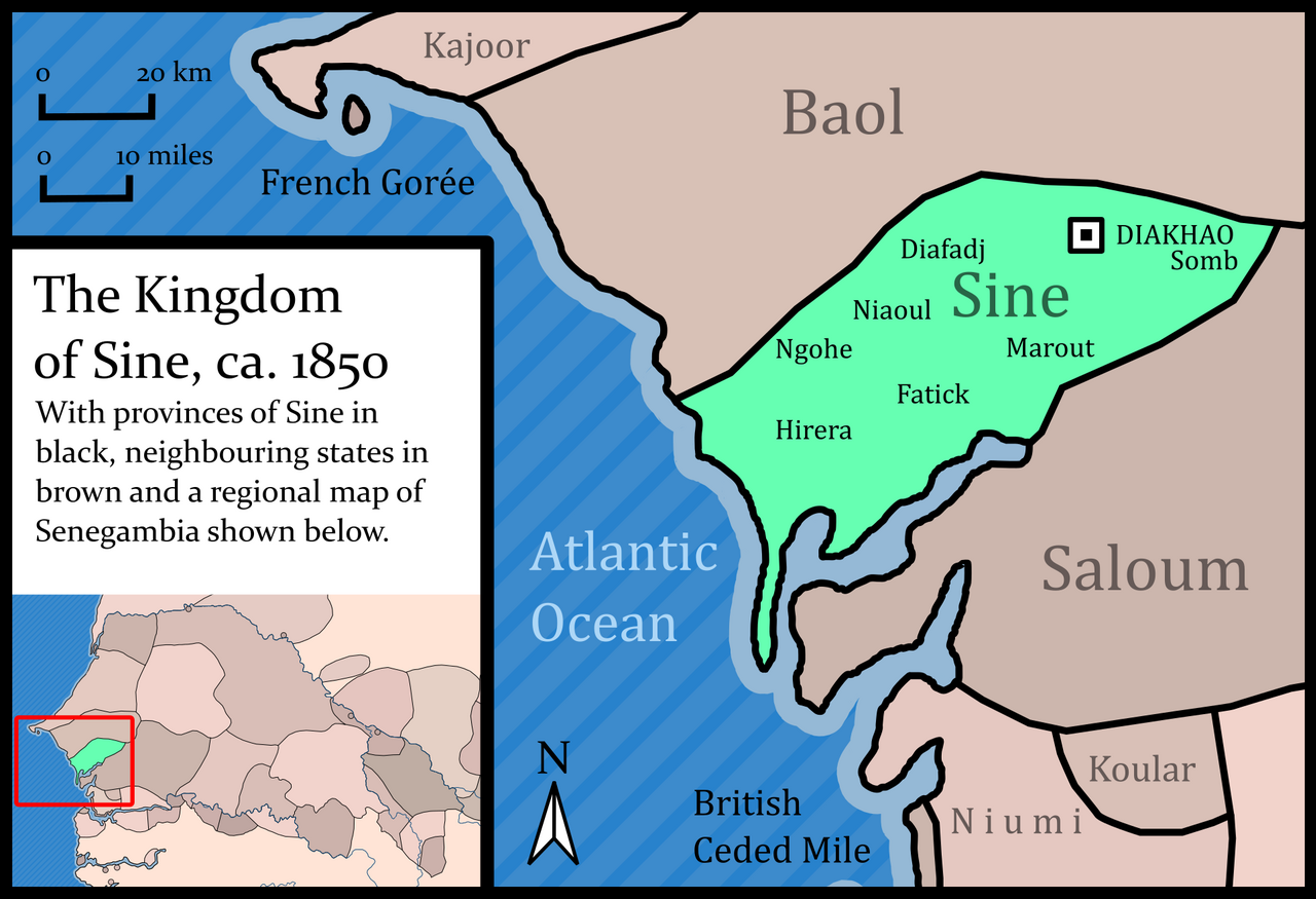 A map of the Kingdom of Sine, one of the historic Serer states.