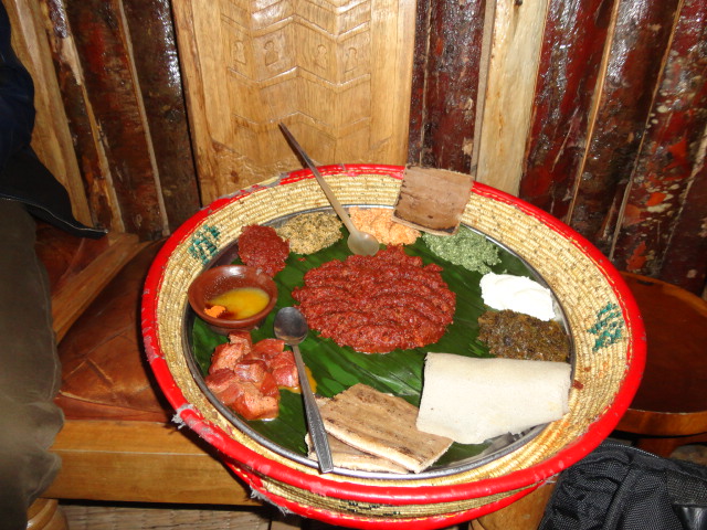 Kitfo, one of the dishes of southern Ethiopia, eaten alongside ensete bread.
