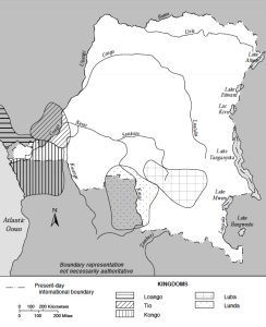 A map of the old kingdoms of the Congo region, among them the Teke state of the Tio.