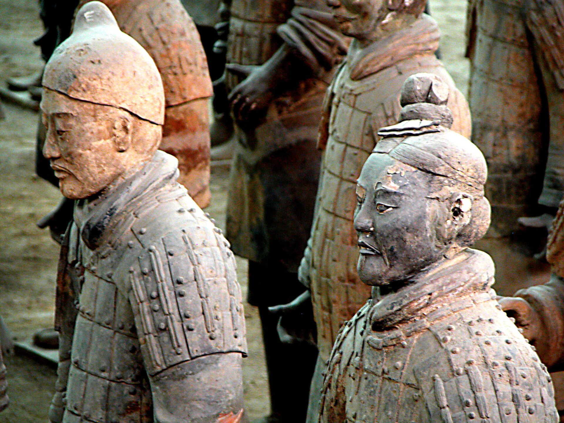 The individually modelled face of a terracotta warrior, no two of them alike.
