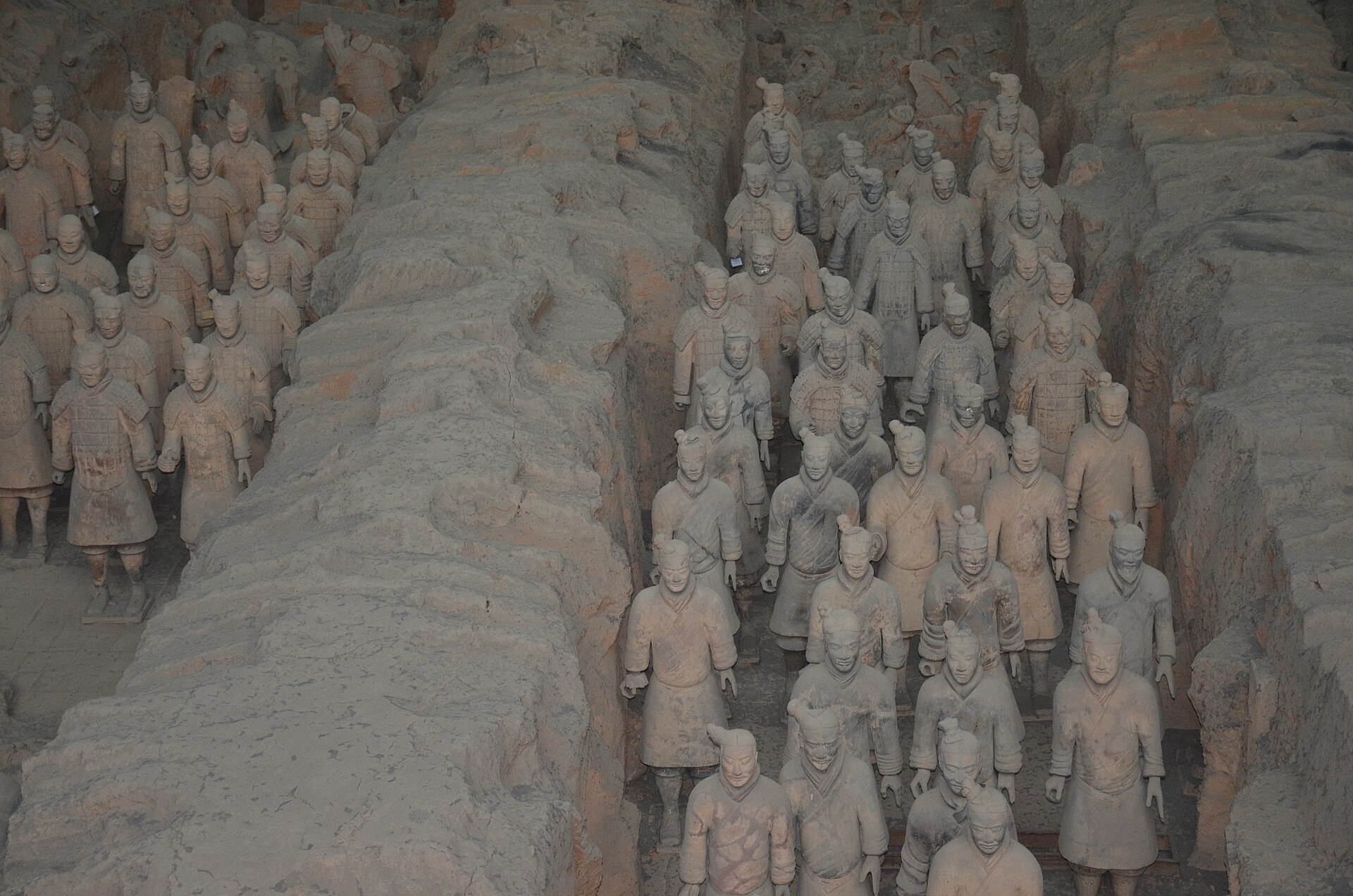 Row upon row of life-sized terracotta soldiers in the great Pit One at Xi'an.