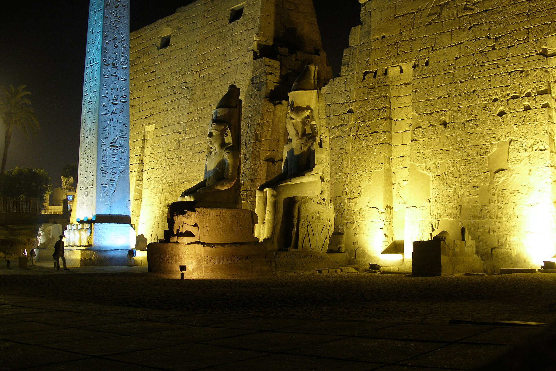 Luxor Temple illuminated at night on the east bank of the Nile at Thebes.
