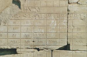 Carved and painted hieroglyphs covering the walls of the temples of Thebes.