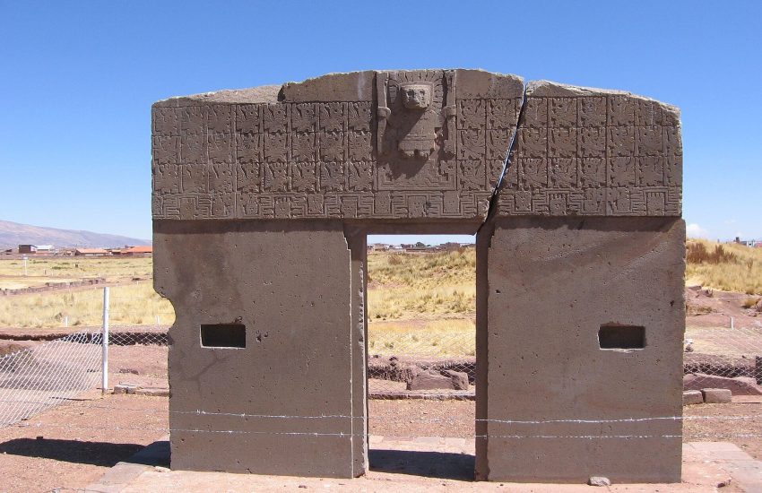 The Gate of the Sun, a monolithic stone doorway carved with a central deity at Tiwanaku