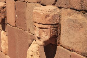 Carved stone heads set into the walls of the sunken temple at Tiwanaku