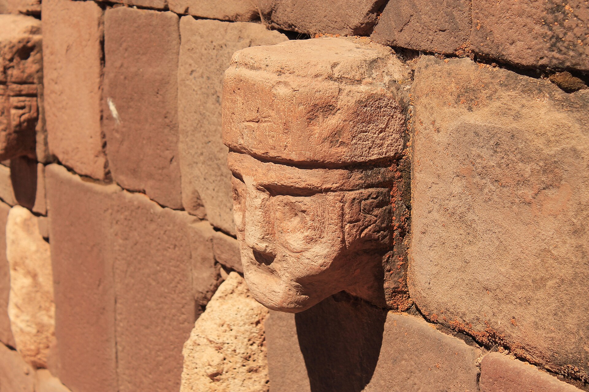 Carved stone heads set into the walls of the sunken temple at Tiwanaku