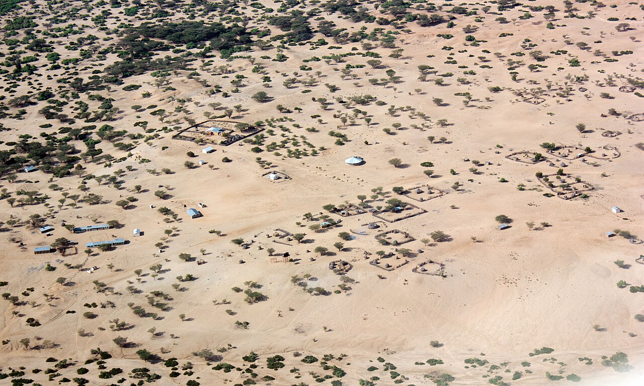 An aerial view of a Turkana village of domed huts.