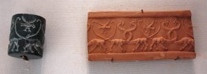 A Mesopotamian cylinder seal and its impression, an art perfected at Uruk.