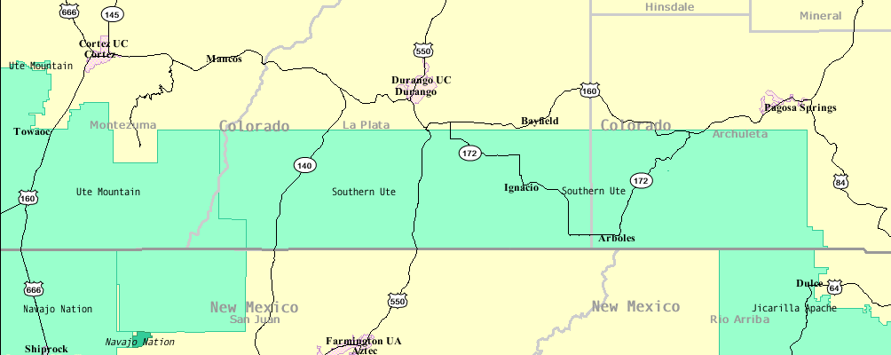 A map of the Southern Ute reservation in Colorado.