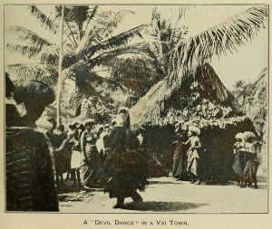 A masked spirit dance in a Vai town, recorded in the early 1900s.