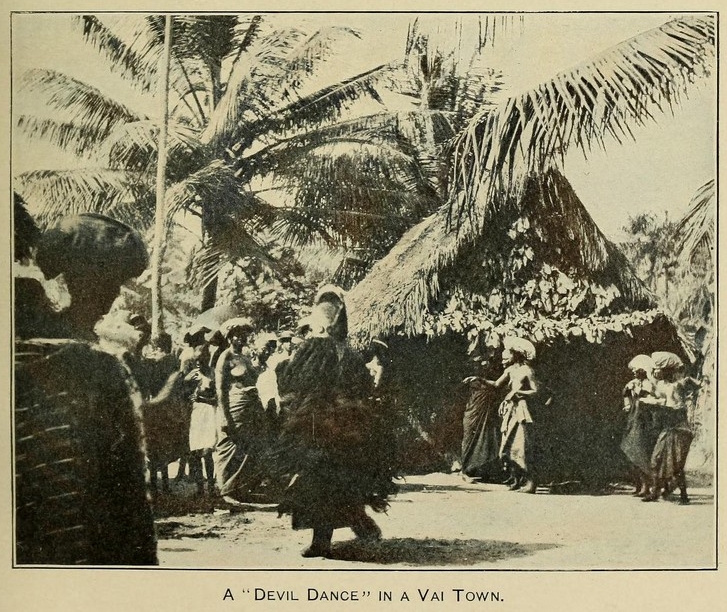 A masked spirit dance in a Vai town, recorded in the early 1900s.
