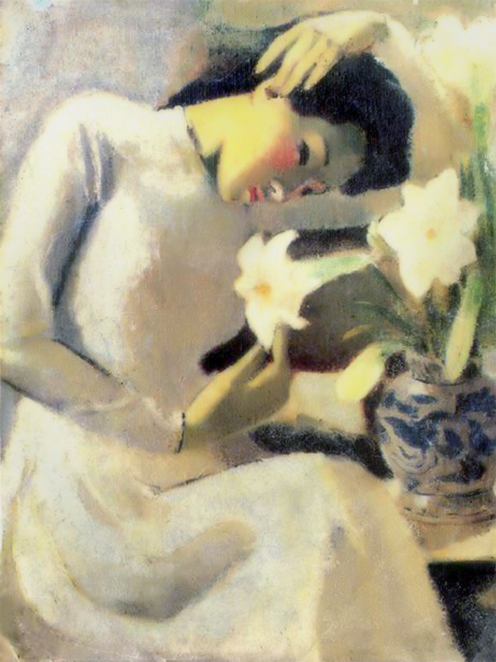 A Vietnamese woman in the flowing ao dai, in a classic painting