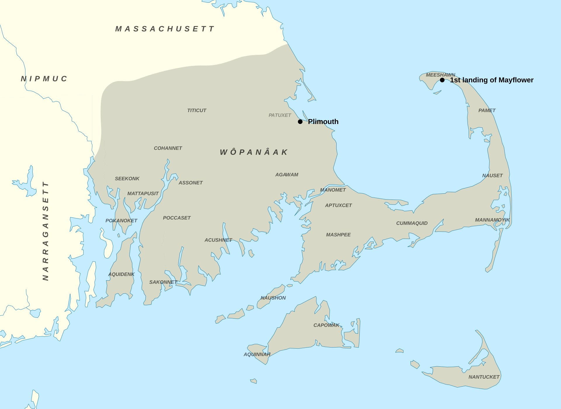 A map of the Wampanoag nation around 1620; their language is Wôpanâak.