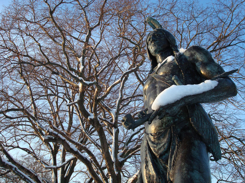 A statue of Massasoit at Plymouth; the Wampanoag were led by sachems.