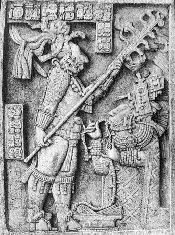 A relief carving from Yaxchilan showing a scene of royal ritual.