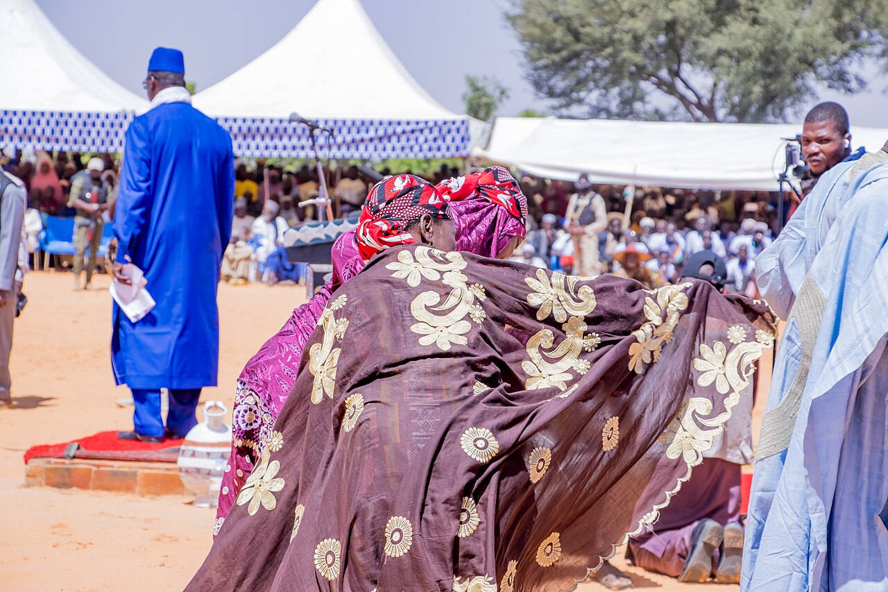 Dancers performing a Zarma dance at a celebration.