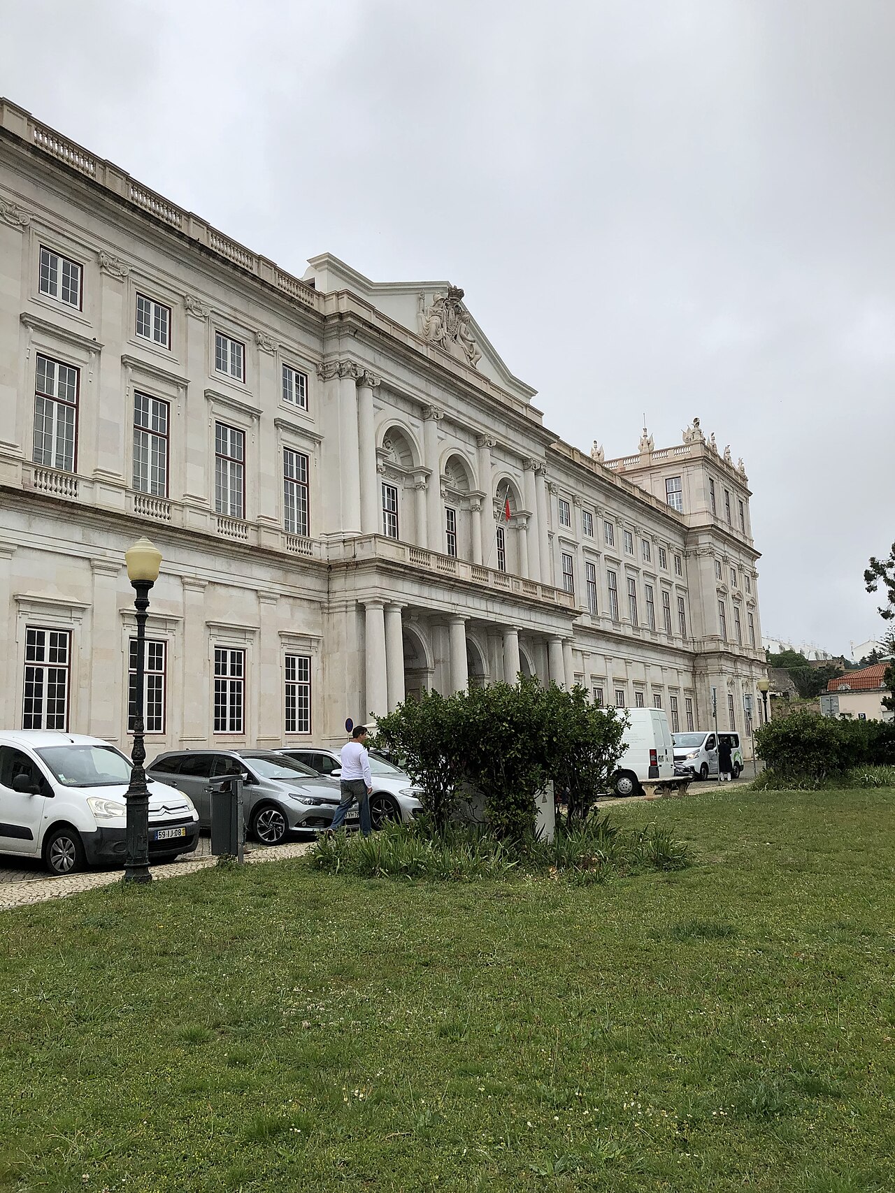 The neoclassical facade of the Ajuda National Palace on its hill in western Lisbon.