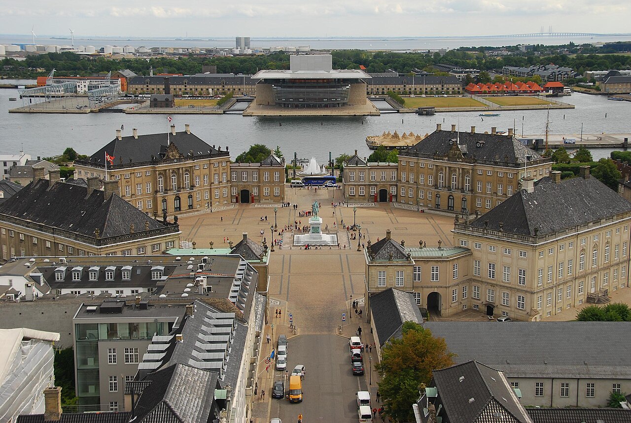 An aerial view of the four palaces around the square.