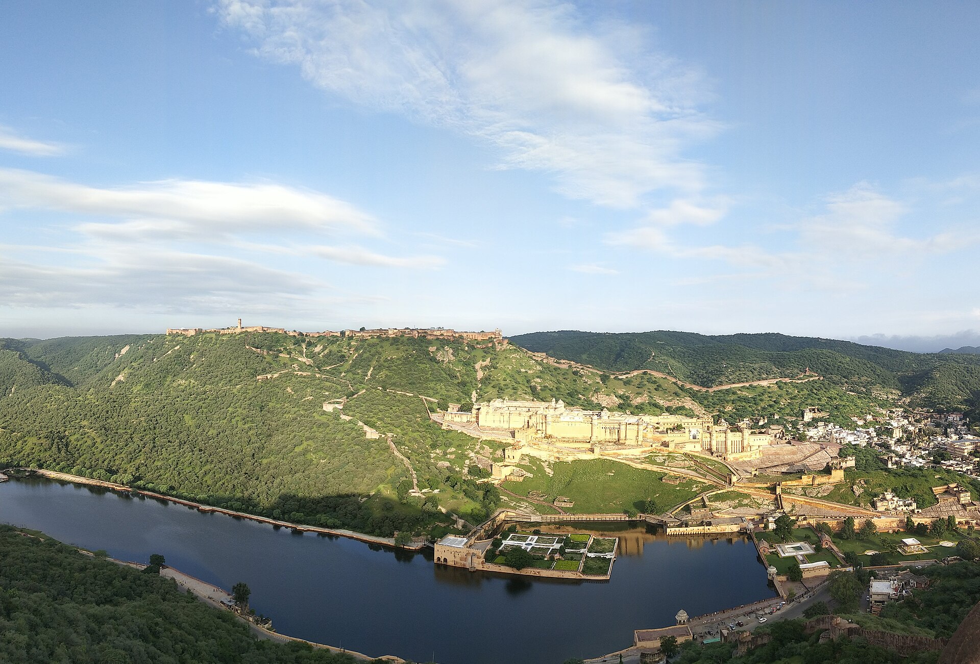 Amer Fort rising above the Maota Lake in the Aravalli hills near Jaipur