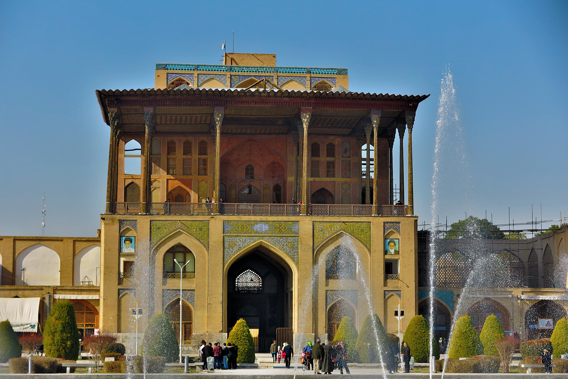 The tall form of Ali Qapu, a palace of several storeys crowned by its lofty terrace.