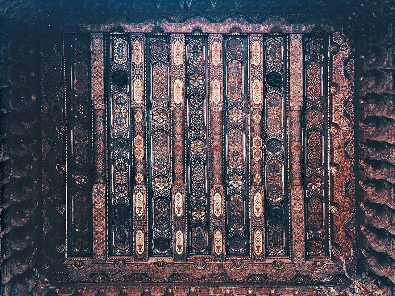 A painted wooden ceiling in the Azm Palace.
