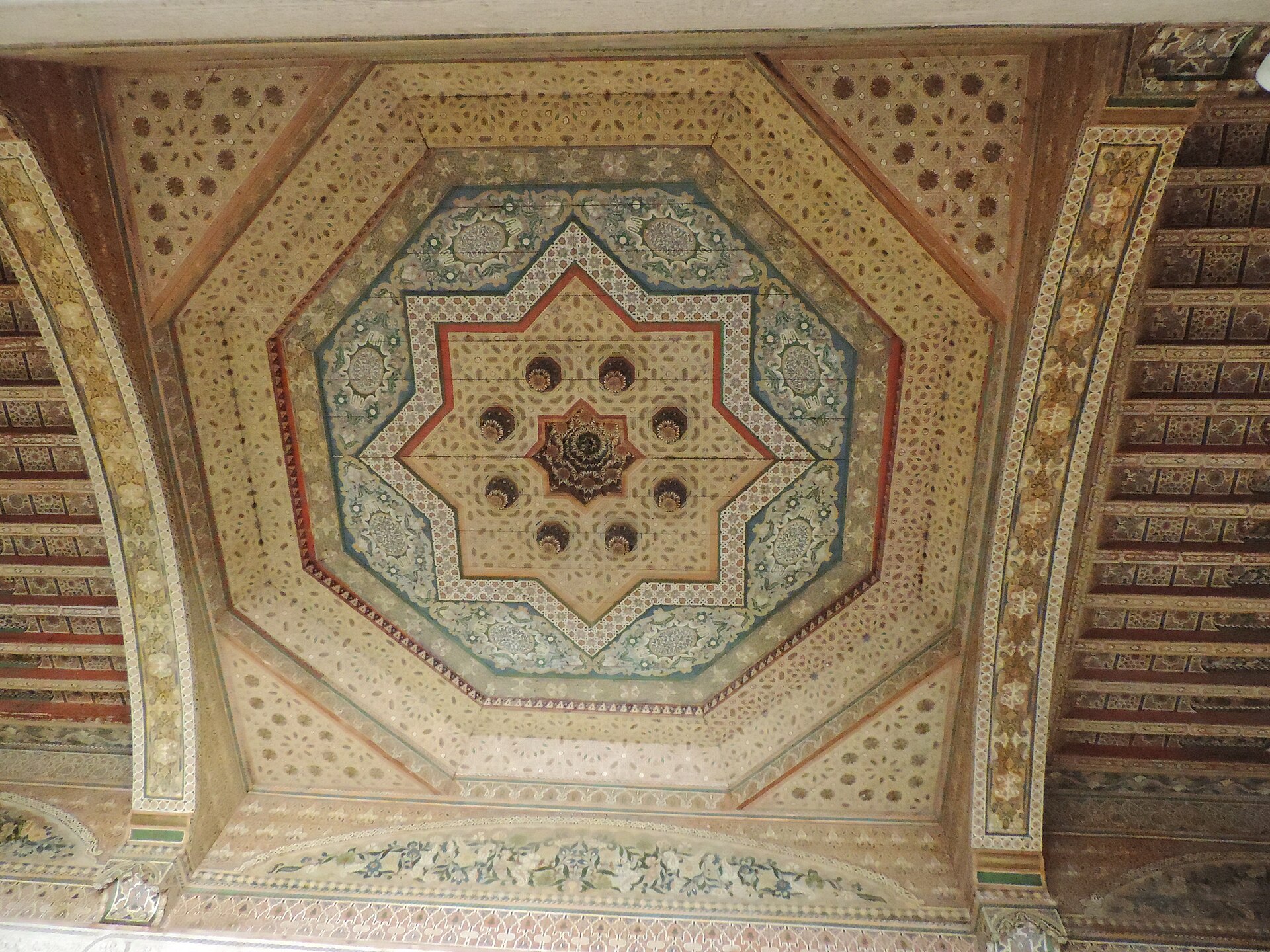 Another richly painted ceiling of the Bahia, a masterpiece of Moroccan woodwork.