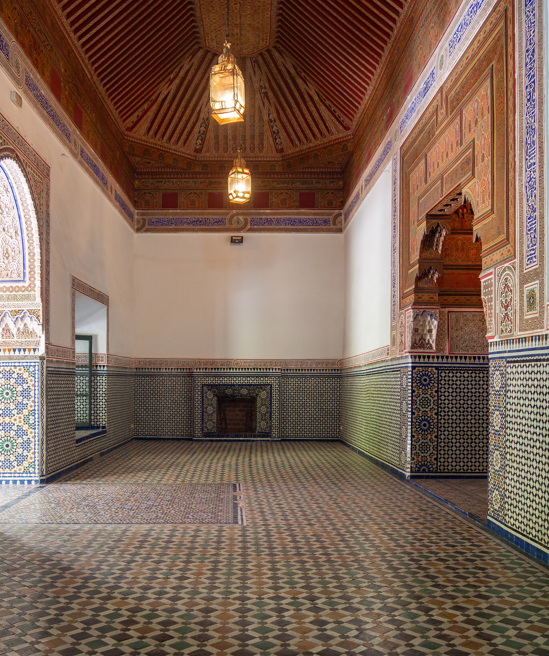 A richly decorated room of the Bahia Palace, adorned from floor to ceiling.