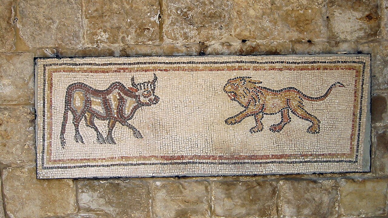 A Byzantine mosaic depicting a bull and a lion.