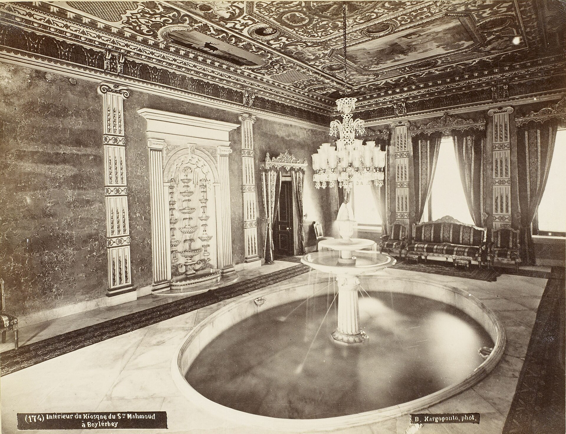 The interior of the Marble Kiosk, one of the elegant pavilions in the palace grounds.