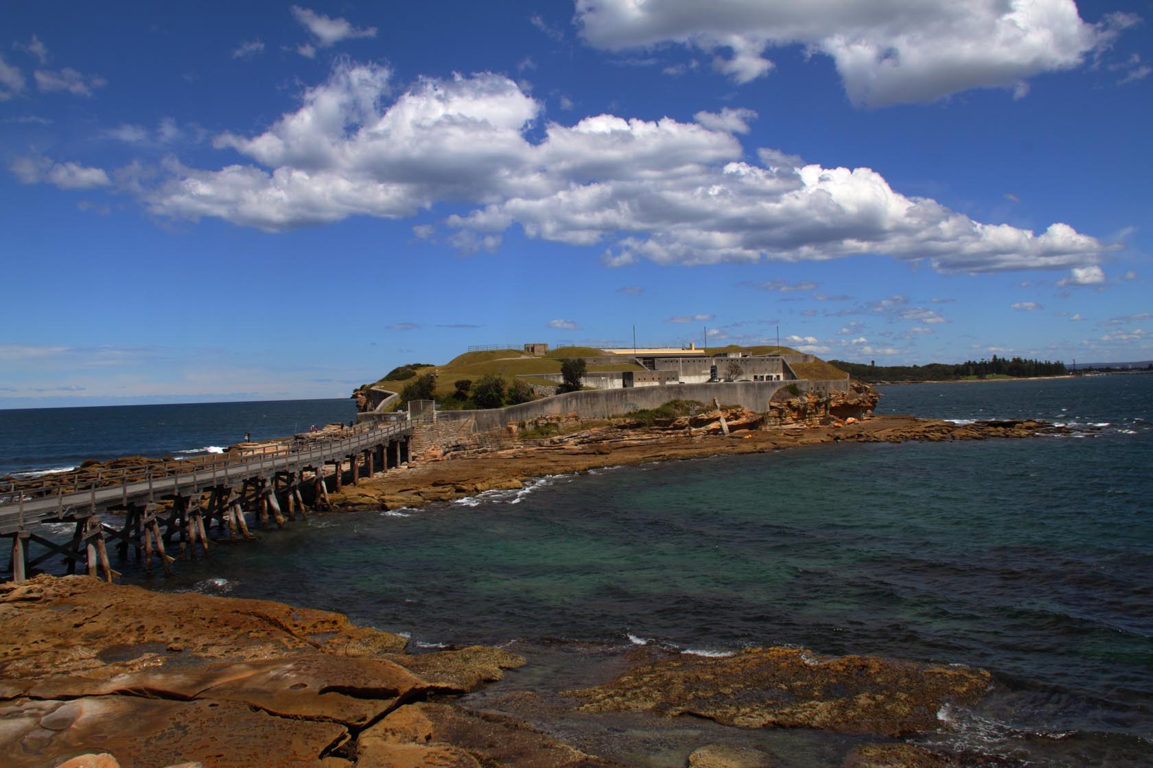 The footbridge is the only link between the fort and the shore