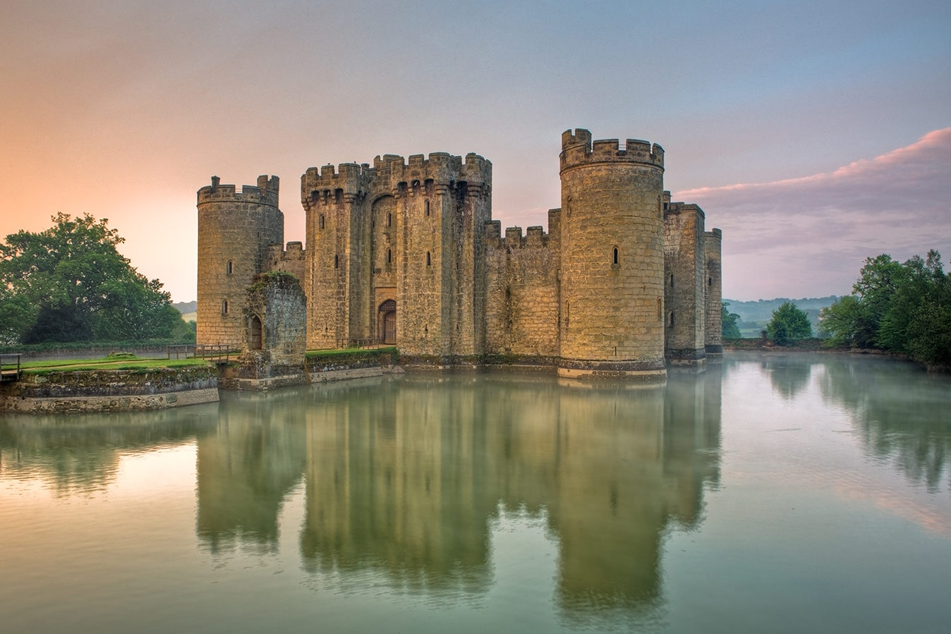 Bodiam Castle mirrored in its broad moat, one of the most picture-perfect castles in England