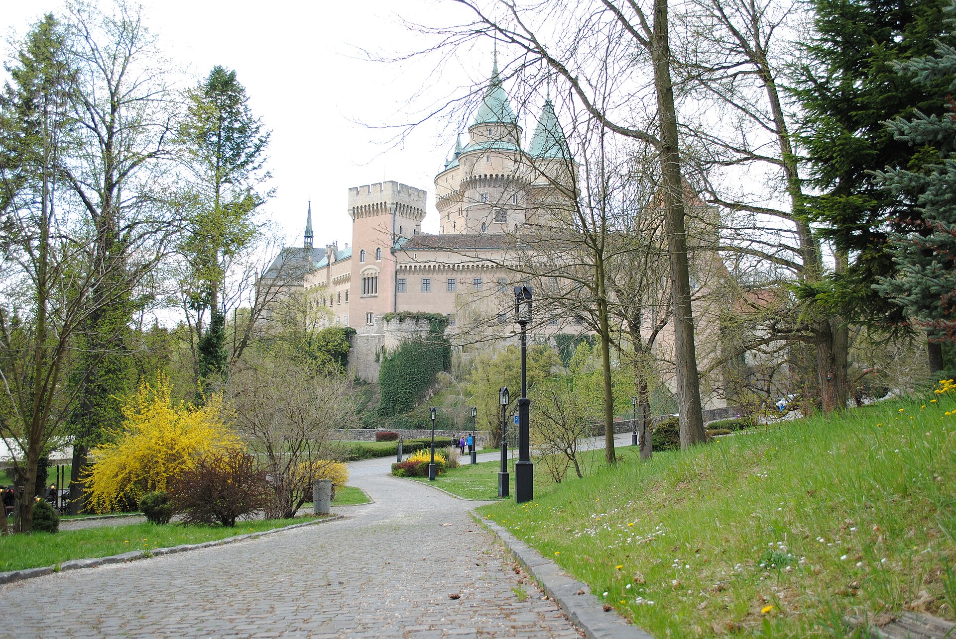 Bojnice Castle rises above a wooded park in the western Slovak spa town of the same name.