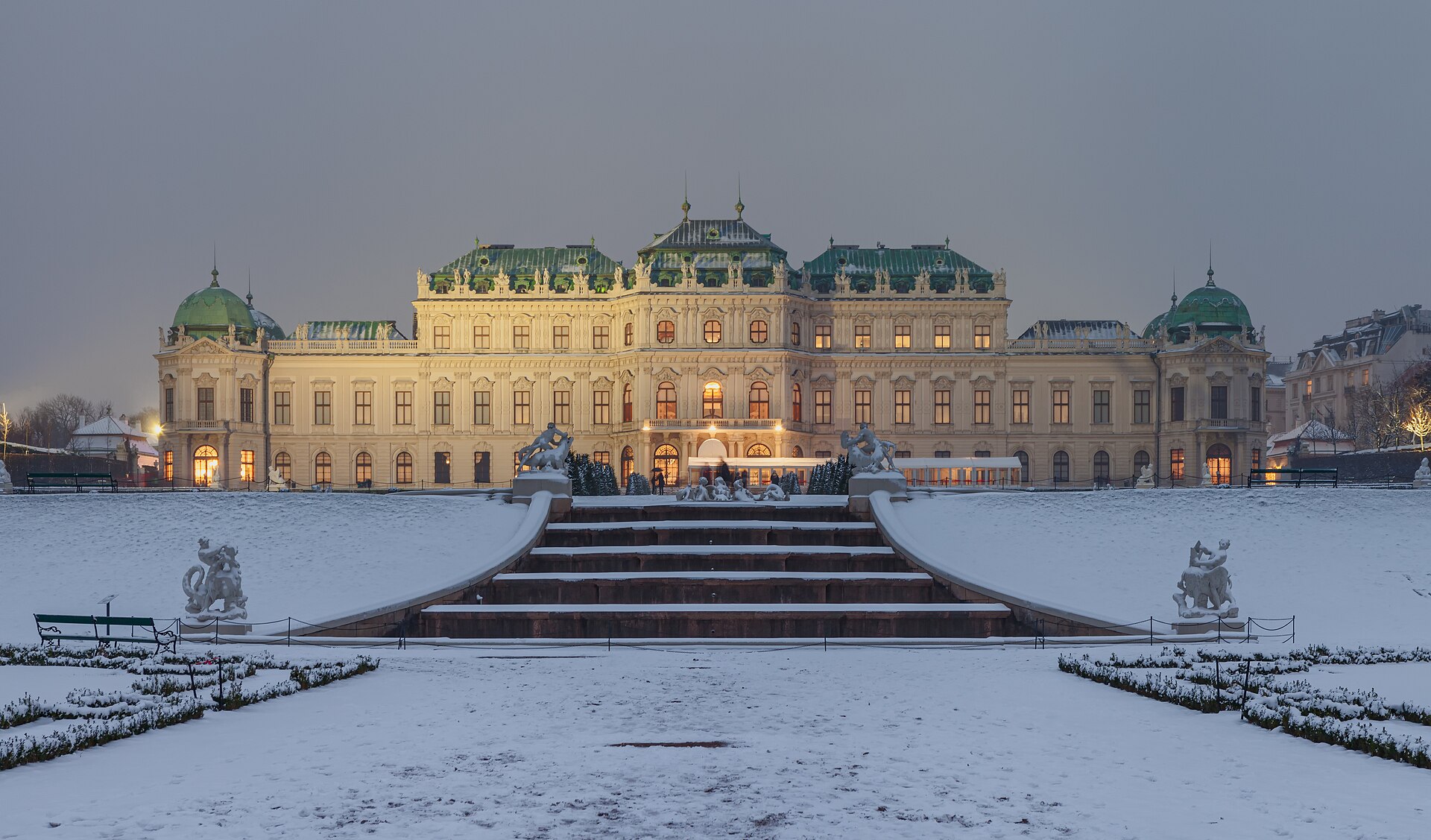 Terraced gardens with cascades and sphinxes link the palaces