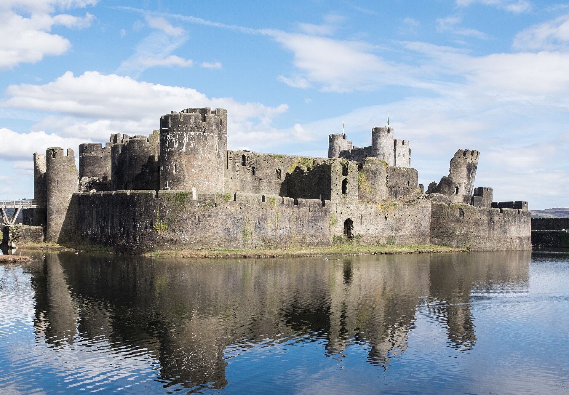 Caerphilly from the air, a vast concentric fortress ringed by water defences
