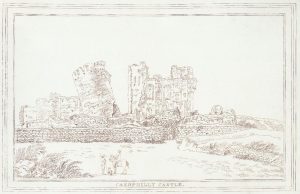 The castle's grey towers reflected in the still water of its moats and lakes