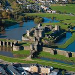 Caerphilly Castle spread across its great artificial lakes, the largest castle in Wales
